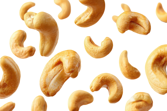Cashew nuts scattered on a black background in various poses and positions, creating a sense of abundance and deliciousness