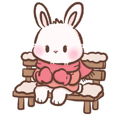 Cute Bunny sitting on a snow covered bench Kawaii Valentine Couple Illustration Sweet Animal Love Art Cozy Winter Characters for Cards Stickers Kids Craft Design