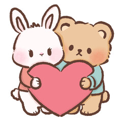 Cute Bunny and Bear holding a giant heart Kawaii Valentine Couple Illustration Sweet Animal Love Art Cozy Winter Characters for Cards Stickers Kids Craft Design