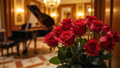 Red roses in elegant room with grand piano