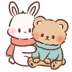 Cute Bunny and Teddy Bear Cuddling Cozy Winter Scarf Sweater Kawaii Animal Couple Illustration Love Romance Character Art for Valentine Cards Kids Stickers Craft Projects
