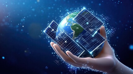 Hand holding Earth with solar panels,technological concept
