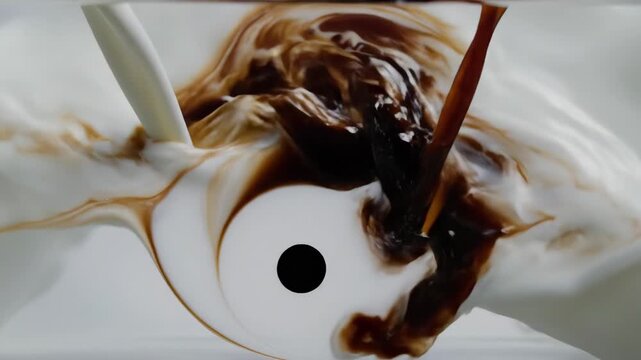 Watch as coffee pours gracefully into milk, creating swirling patterns that resemble abstract art. The atmosphere is warm and inviting, perfect for relaxation and enjoyment.