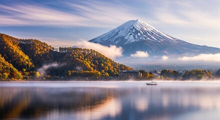 Majestic mountain peak overlooking serene lake landscape with soft morning light