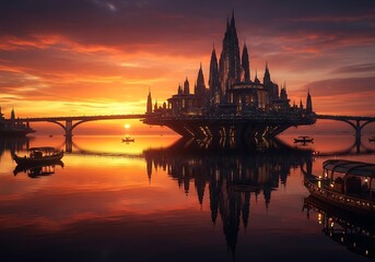 Naklejka premium Magical Fantasy Castle City on Water at Sunset.