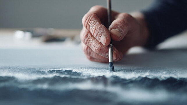 Closeup of a skilled hand painting a seascape with a brush on canvas, evoking artistry, creativity, and the power of nature. Ideal for art blogs or creative projects.