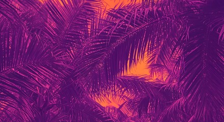 Vibrant purple palm fronds against a warm orange sky backdrop