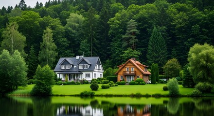 Obraz premium Two beautiful houses nestled in a lush green landscape reflecting in the water