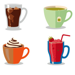 Colorful beverage vector illustration featuring different drinks such as soda, juice, beer, lemonade, and cocktails in transparent glass mugs with citrus garnish, flat cartoon style on white backgroun