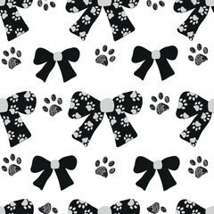Black and white bow ties doodle paw print seamless fabric design pattern