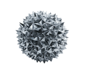 Silver spiky ball with facets on a black background, reflecting light creating sharp edges and geometric patterns