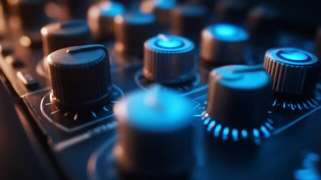 A close-up of dark control knobs with blue light emitting details, creating a moody feel