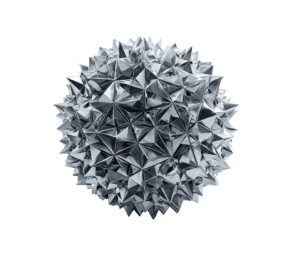 Silver spiky ball with facets on a black background, reflecting light creating sharp edges and geometric patterns