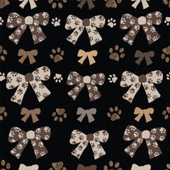 Bow ties doodle paw print. Happy new year and merry Christmas greeting card 