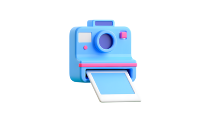 A cute, stylized 3d illustration of a blue instant camera with pink accents, printing a photo, isolated on transparent background