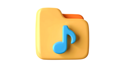 A vibrant 3d illustration of a yellow folder icon with an orange tab and a blue musical note symbol, isolated on transparent background