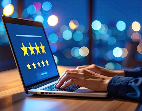 Customer feedback and online rating system displayed on laptop screen with bokeh lights.