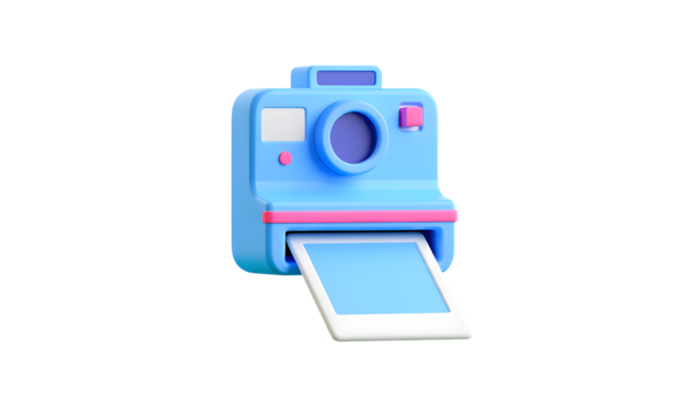 A cute, stylized 3d illustration of a blue instant camera with pink accents, printing a photo, isolated on transparent background