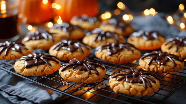 Chocolate spider peanut butter cookies dessert baking with warm festive lights pumpkins and jar on cooling rack, 4k video