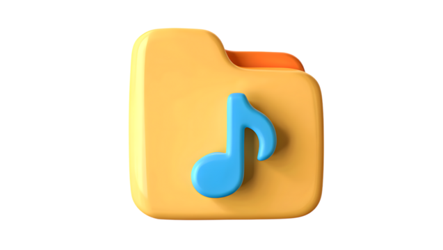A vibrant 3d illustration of a yellow folder icon with an orange tab and a blue musical note symbol, isolated on transparent background - Powered by Adobe