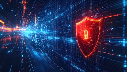Futuristic Digital Shield Protecting Abstract Data Network.
