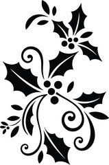 Stylized Holly Leaves and Berries in Decorative Swirl Pattern for Christmas and Holiday Design