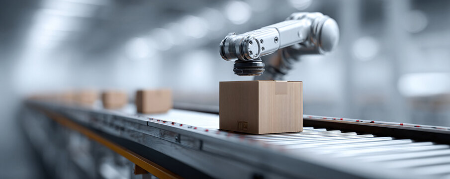 Automated factory assembly line. Robot arm precisely picks up a cardboard box. Symbolizes efficiency, technology, manufacturing, and future industry. - Powered by Adobe