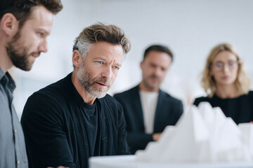 Fototapeta premium Team intently examines an architectural model. The mature professional and colleagues collaborate, showcasing expertise, innovation, and teamwork. Suitable for design, project management.