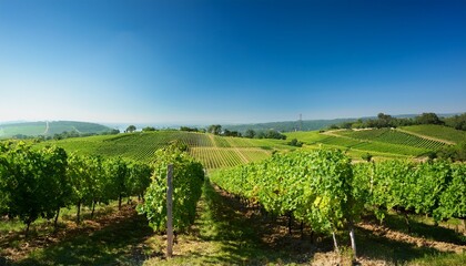 Naklejka premium Lush Vineyard With Green Grapes Growing Under Clear Blue Sky