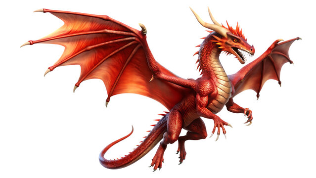Majestic Red Dragon Soaring Through the Air Isolated on a White Background ,PNG. AI Generated.