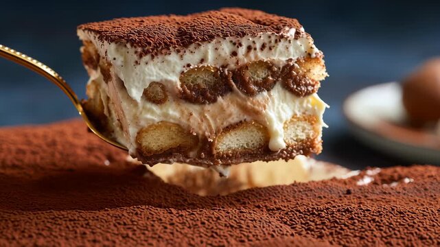 Creamy tiramisu dessert with cocoa powder topping and coffee soaked ladyfinger layers on golden spoon delicious treat, 4k video