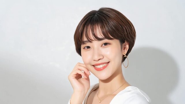 大ぶりピアスとネックレスがアクセントとなる微笑む女性の洗練ポートレート