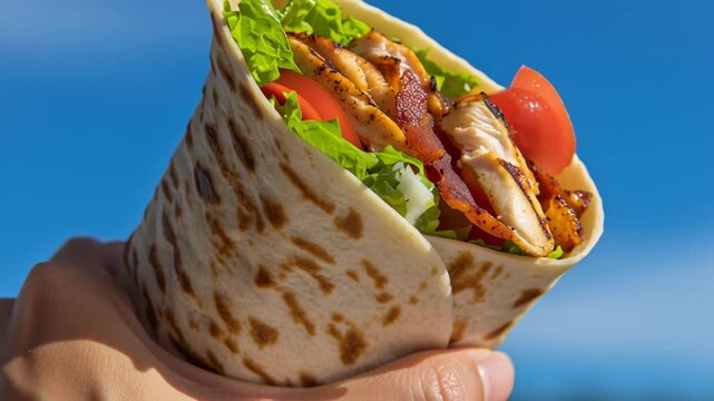 Grilled chicken wrap with fresh lettuce and tomato held hand flatbread against clear blue sky background, appetizing and fresh, 4k video
