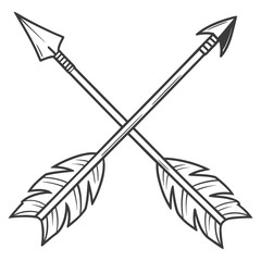 Two crossed hand drawn arrows with feathers and sharp points in a simple black outline design