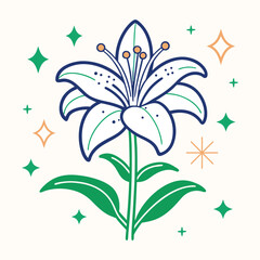 Blooming Lily (Lilium) flower, basic color, light color background, cloud curves vector art illustration	
