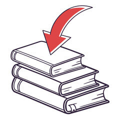 Red arrow pointing down onto a stack of three open books symbolizing learning and information download