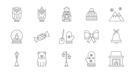 Outline Winter Holiday Icons Set Owl, Snow, Fireplace