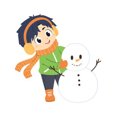 clipart illustration of a cute boy building a snowman