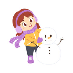 clipart illustration of a cute girl building a snowman