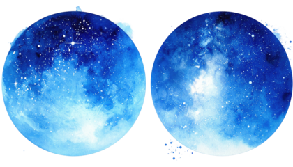 Two circular watery cosmic scenes in blue, with stars on the left and a brighter central area on the right