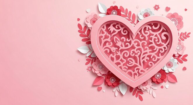 Pink heart with floral elements against a pink background - Powered by Adobe