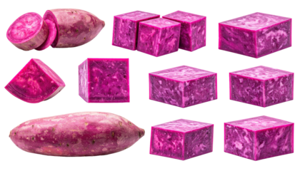 Various purple yam sections; whole, sliced, cubed, and wedges, arranged against a black background