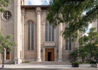 A large brick building with a large window on the front