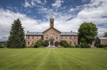 A large brick building with a steeple and a cross on top