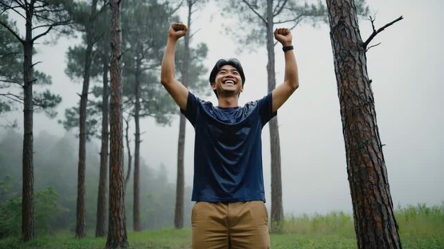 Embracing Nature's Embrace A moment of elation amidst a misty forest, where an individual stands triumphant, arms raised in a gesture of freedom and connection with the natural world.