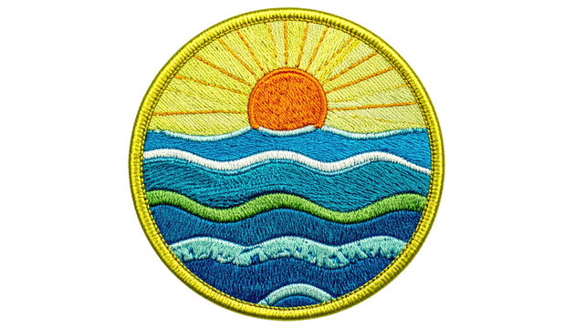 Embroidered patch featuring a stylized seascape with a bright sun, blue waves, and a green accent inside a yellow border