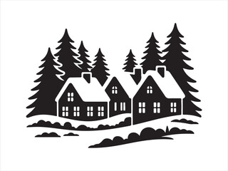 Obraz premium Christmas Winter Village Silhouette Vector - Snowy Town with Houses and Trees. Christmas Landscape Silhouette - Winter Woods and Village - Scenic Background