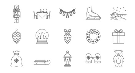 Holiday Line Icons Nutcracker, Table, Ornaments, and More