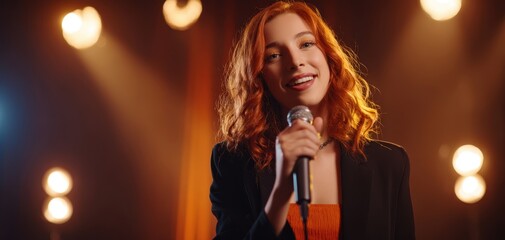 The singer on stage smiling into a microphone under warm concert lights