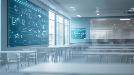 Bright, modern classroom with large digital display, rows of desks and chairs, and bright windows - Powered by Adobe